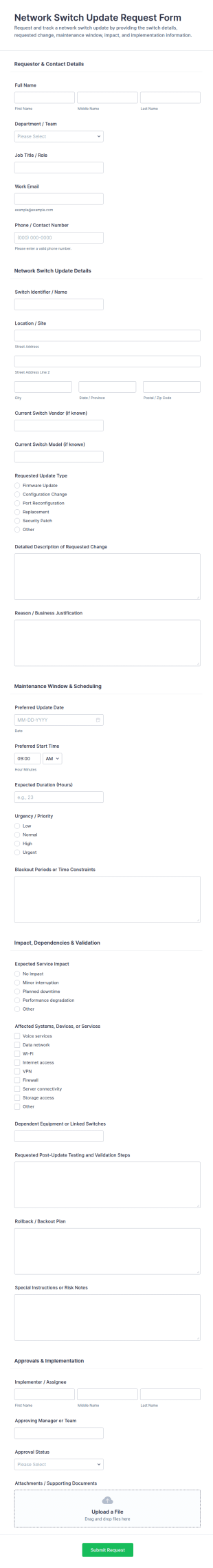 Network Switch Update Request Form Template