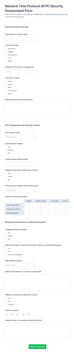 Network Time Protocol (NTP) Security Assessment Form Template
