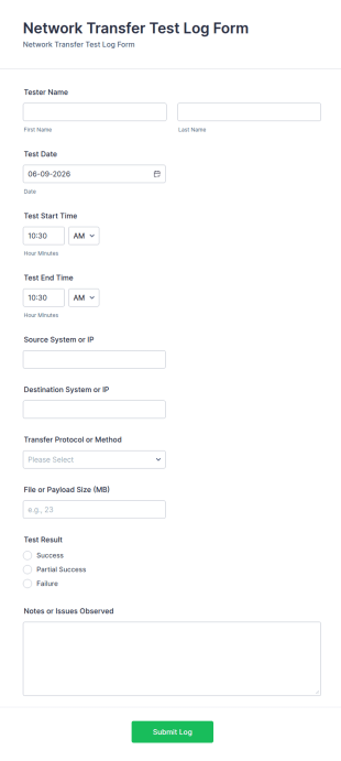 Network Transfer Test Log Form Template
