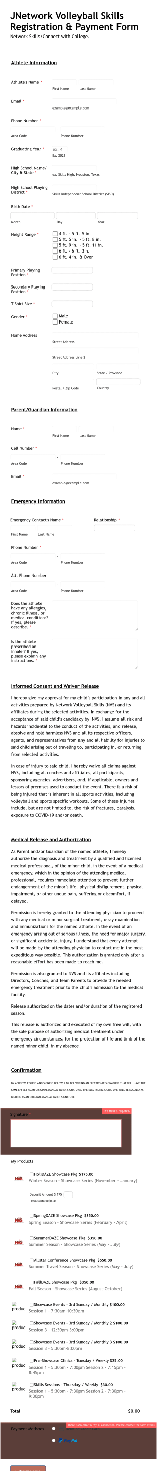 Network Volleyball Skills Registration & Payment Form Template