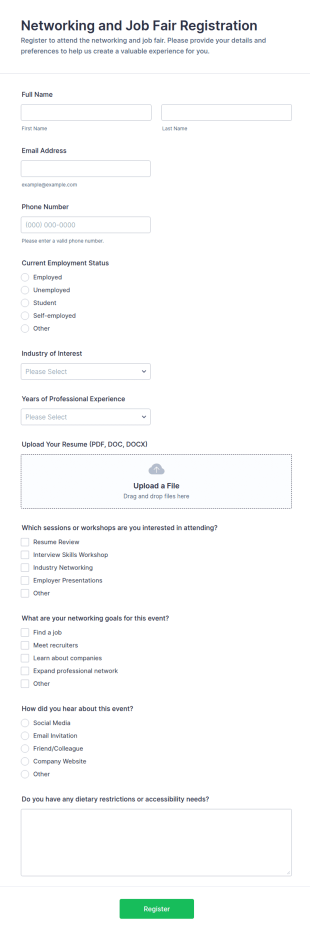 Networking And Job Fair Registration Form Template