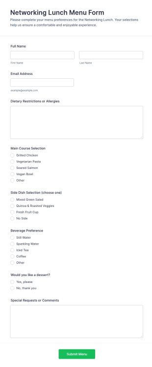 Networking Lunch Menu Form Template