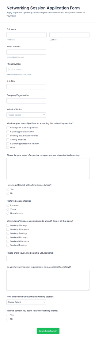Networking Session Application Form Template