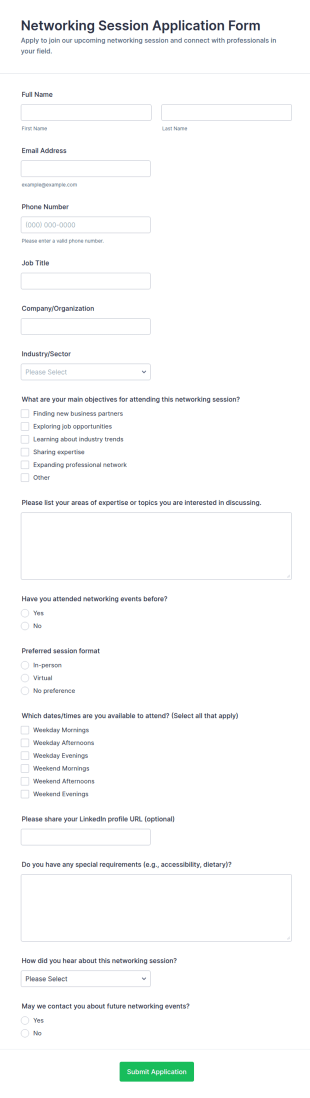 Networking Session Application Form Template
