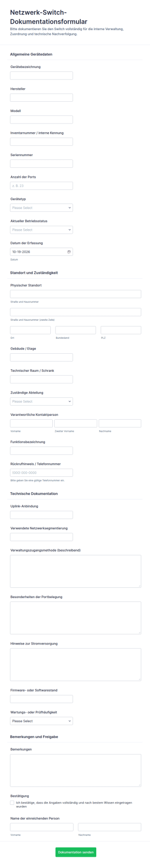 Netzwerk Switch Dokumentations Formular