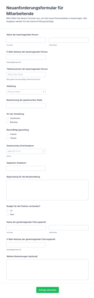 Neuanforderungsformular Für Mitarbeitende