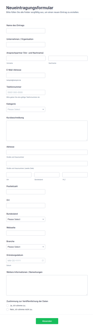 Neue Eintragsaufnahme Form
