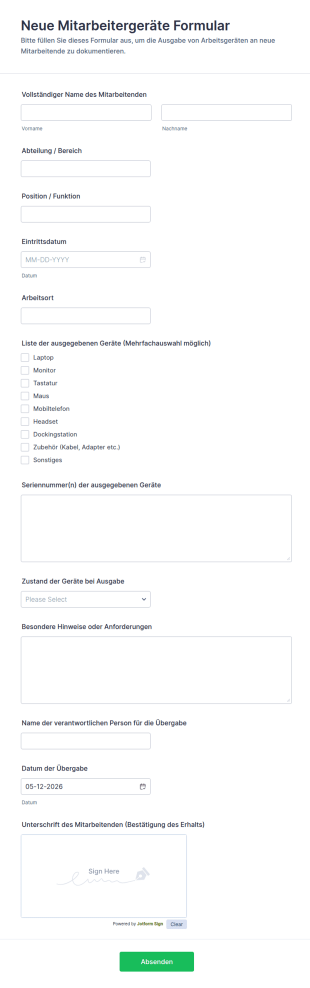 Neue Mitarbeitergeräte Formular