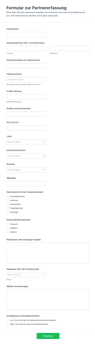 Neue Partner Anfrage Form