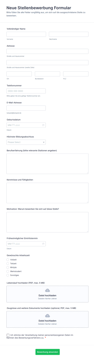 Neue Stellenbewerbung Formular