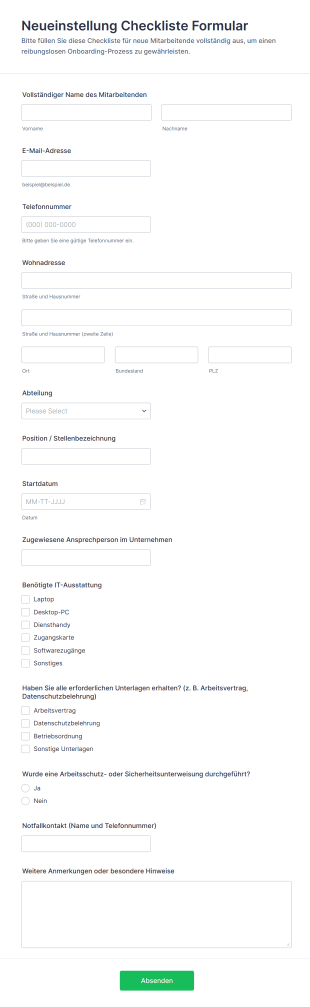 Neueinstellung Checkliste Formular