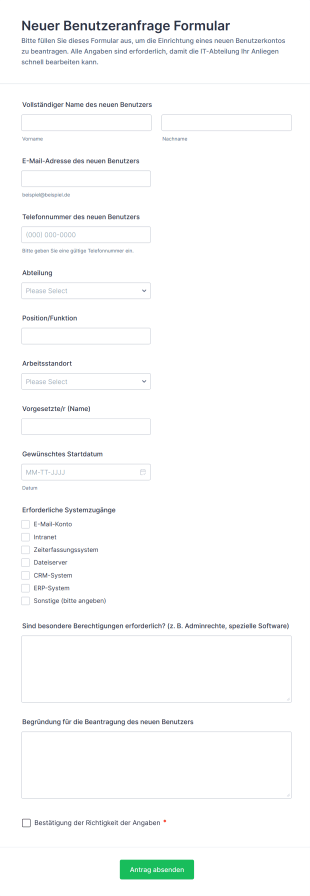 Neuer Benutzeranfrage Formular