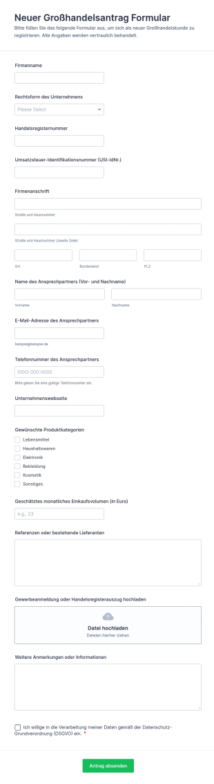 Neuer Großhandelsantrag Formular
