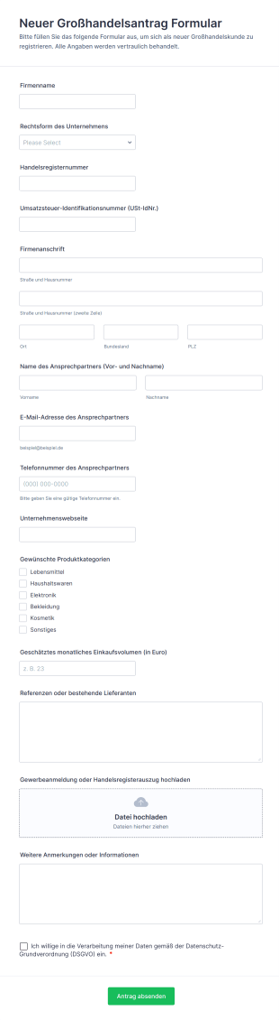 Neuer Großhandelsantrag Formular
