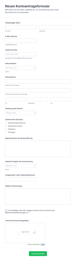 Neuer Kontenantrag Formular