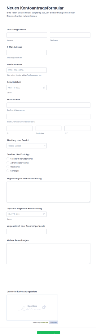 Neuer Kontenantrag Formular