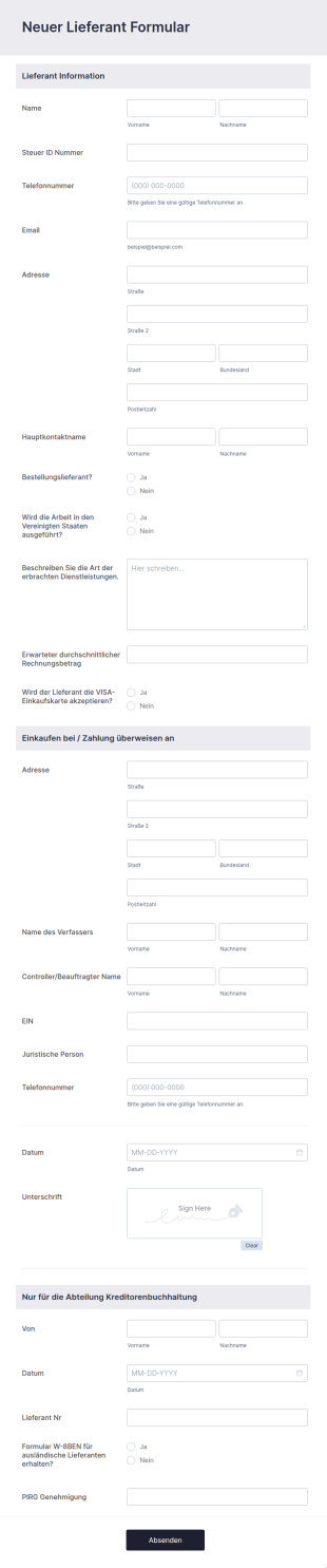 Neuer Lieferant Formular