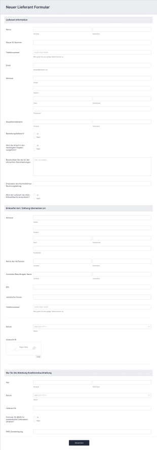 Neuer Lieferant Formular Form Template