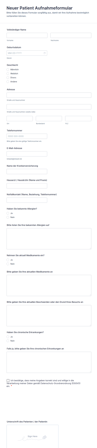 Neuer Patient Aufnahmeformular