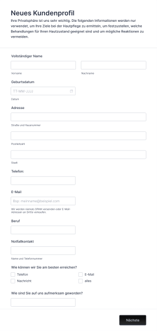 Neues Kundenprofil Form Template