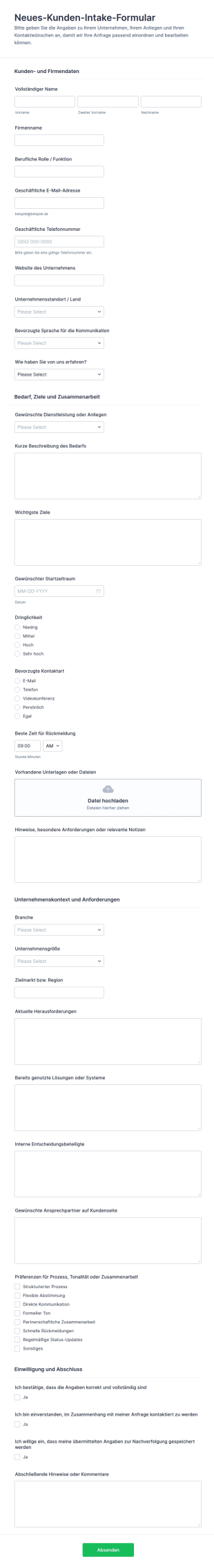Neukunden Eingangsformular