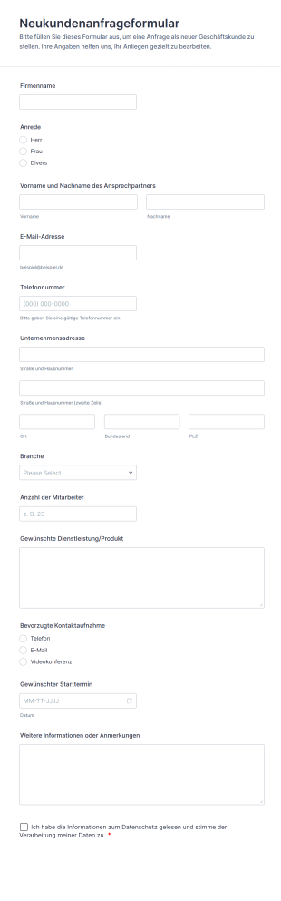 Neukundenanfrageformular