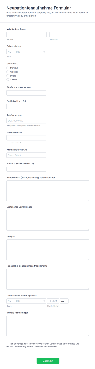 Neupatientenaufnahme Formular
