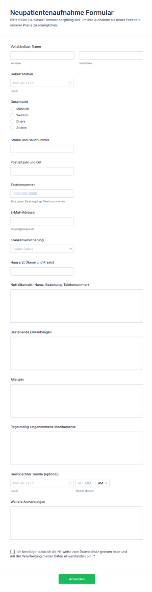 Neupatientenaufnahme Formular