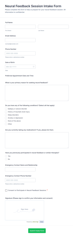 Neural Feedback Session Intake Form Template