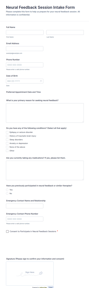Neural Feedback Session Intake Form Template