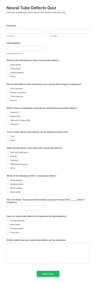 Neural Tube Defects Quiz Form Template