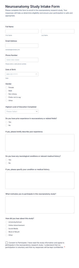 Neuroanatomy Study Intake Form Template
