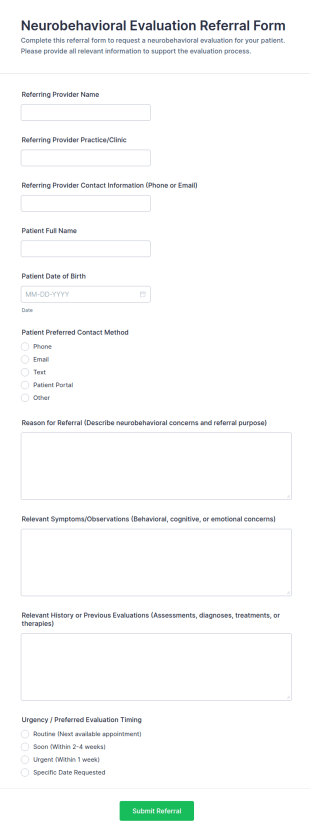 Neurobehavioral Evaluation Referral Form Template