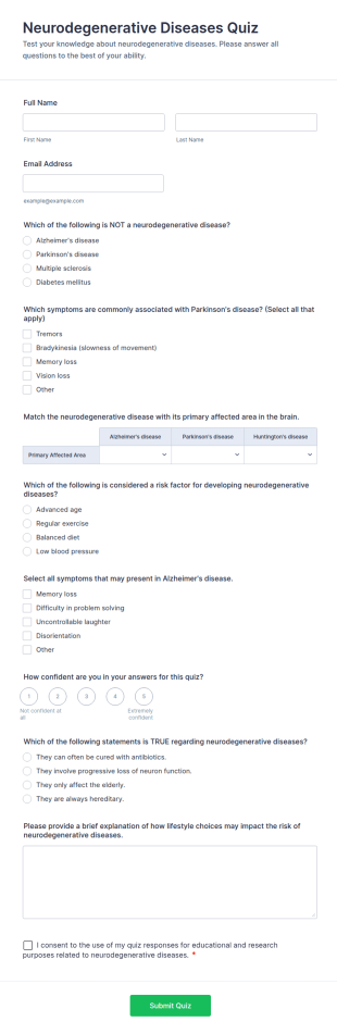Neurodegenerative Diseases Quiz Form Template