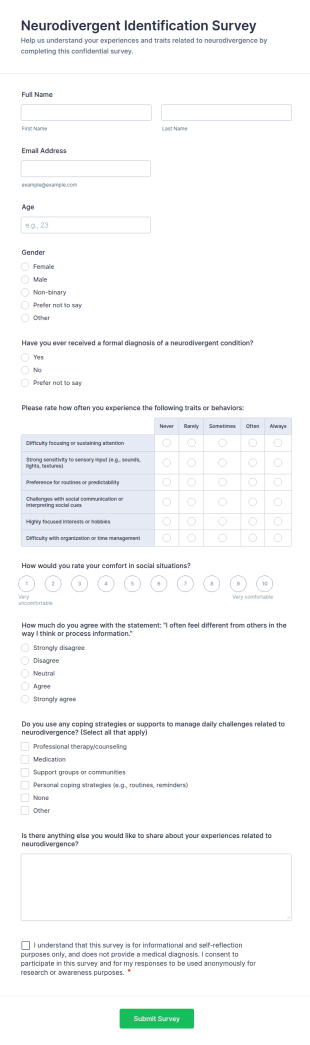 Neurodivergent Identification Survey Form Template