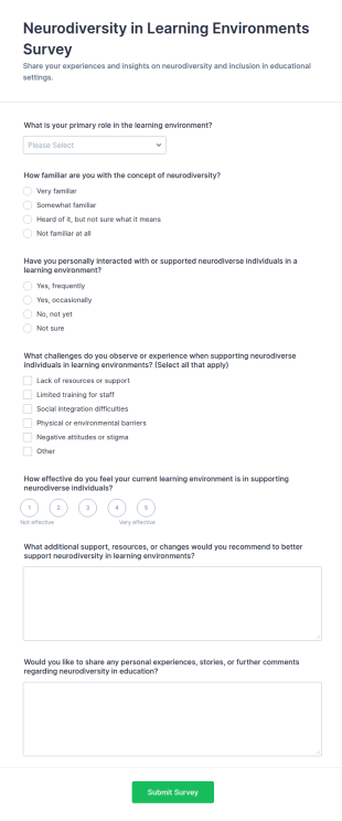 Neurodiversity In Learning Environments Survey Form Template