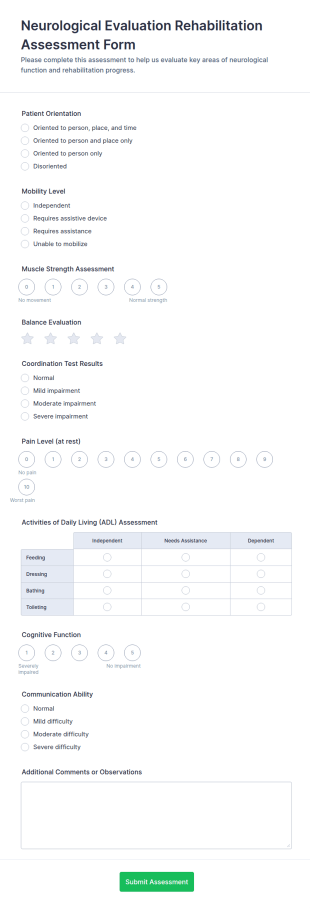 Neurological Evaluation Rehabilitation Assessment Form Template