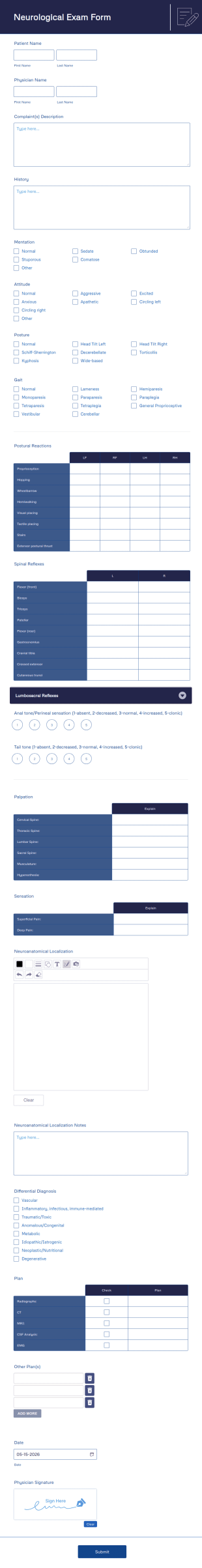 Neurological Exam Form Template