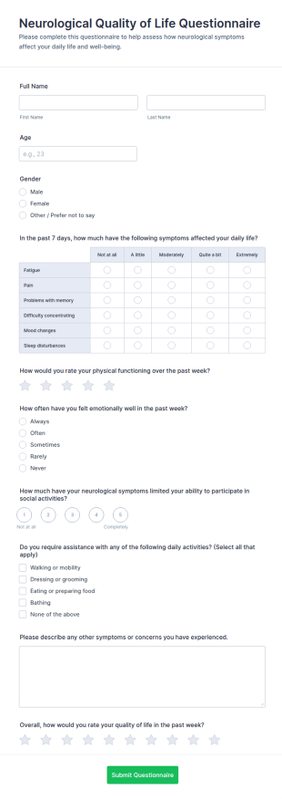 Neurological Quality Of Life Questionnaire Form Template