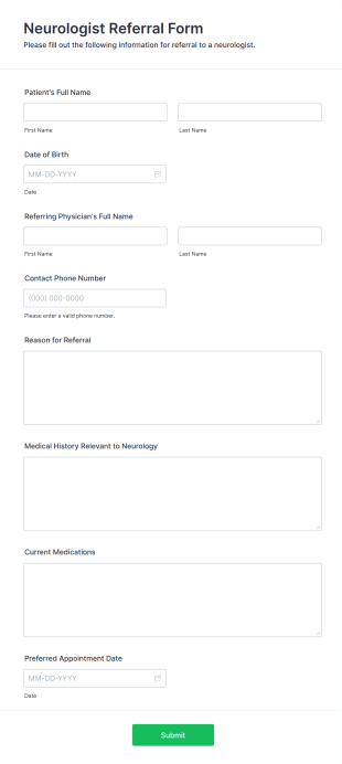 Neurologist Referral Form Form Template