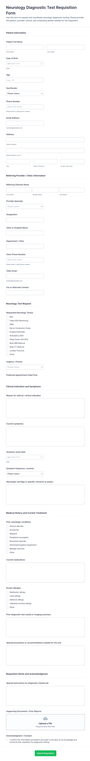Neurology Diagnostic Test Requisition Form Template