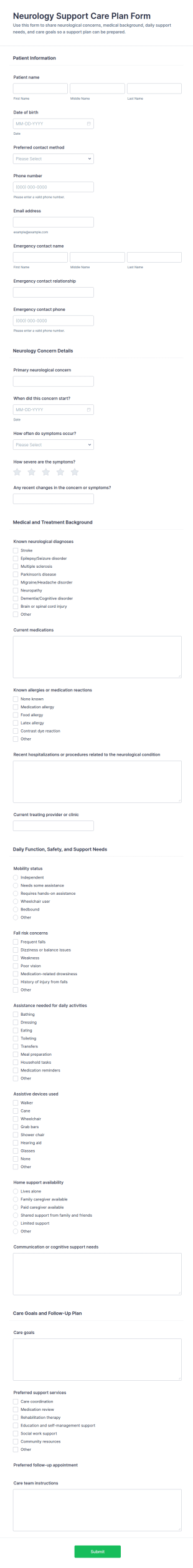 Neurology Support Care Plan Form Template