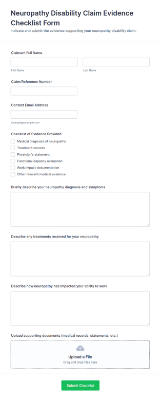 Neuropathy Disability Claim Evidence Checklist Form Template
