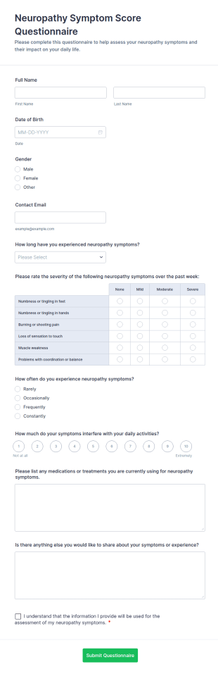 Neuropathy Symptom Score Questionnaire Form Template