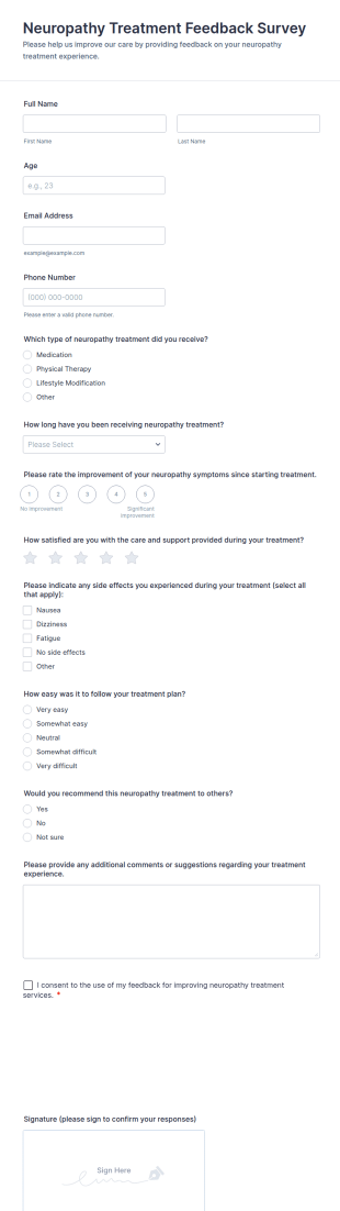 Neuropathy Treatment Feedback Survey Form Template