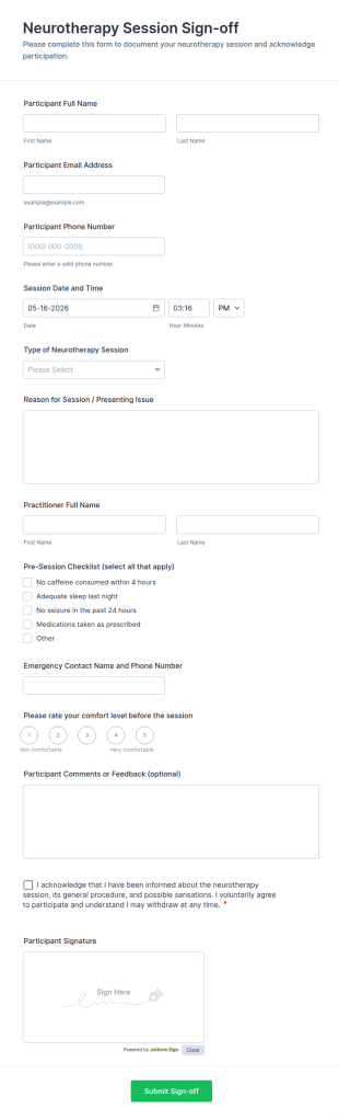 Neurotherapy Session Sign Off Form Template