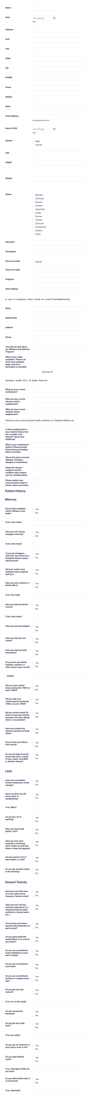 Neurotoxic Questionnaire Form Template