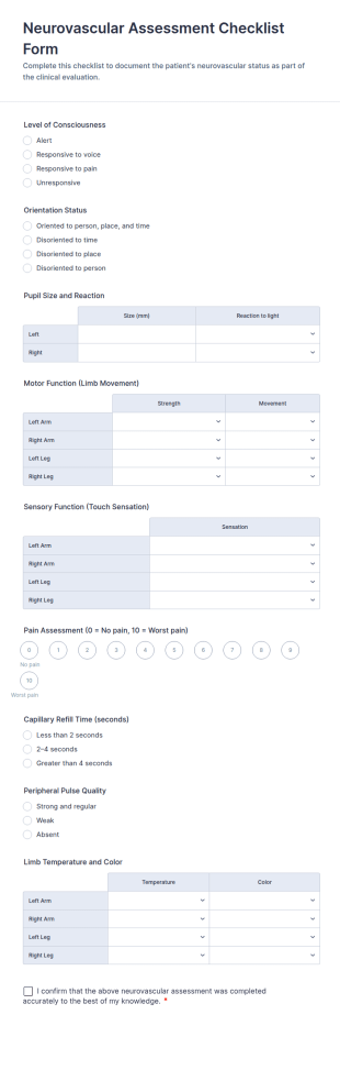 Neurovascular Assessment Checklist Form Template