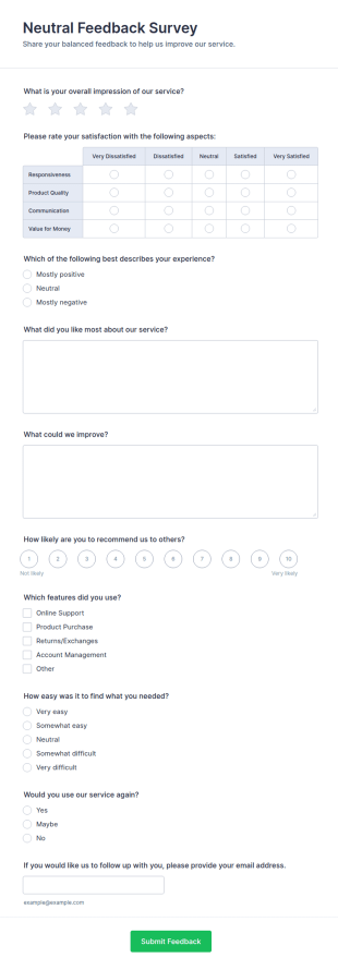 Neutral Feedback Survey Form Template