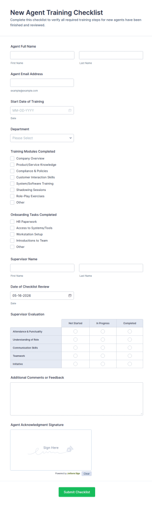 New Agent Training Checklist Form Template